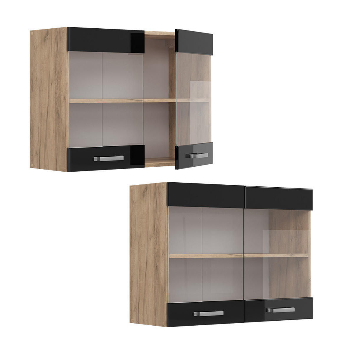 KÜCHENGLASSCHRANK R-Line Schwarz Hochglanz 80 cm - Honigeiche/Schwarz Hochglanz, Holzwerkstoff (80/60/31cm) - Vicco