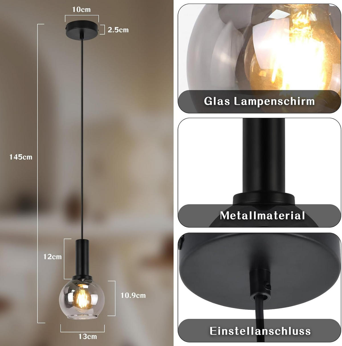 HÄNGELEUCHTE Torvq 10/13/145 cm - Schwarz, Glas/Metall (10/13/145cm) - ZMH