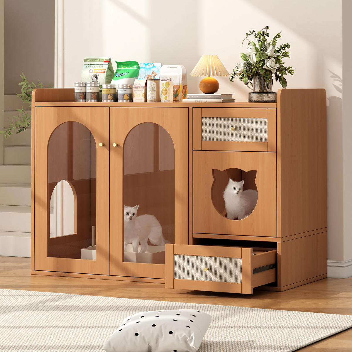 SIDEBOARD 120/45/76 cm, 5-in-1 Katzenmöbel mit verstecktem Katzenklo, Futternapf-Schublade und Nussbaumoptik, Walnuss - Walnussfarben, Holzwerkstoff (120/83/45cm) - Redom
