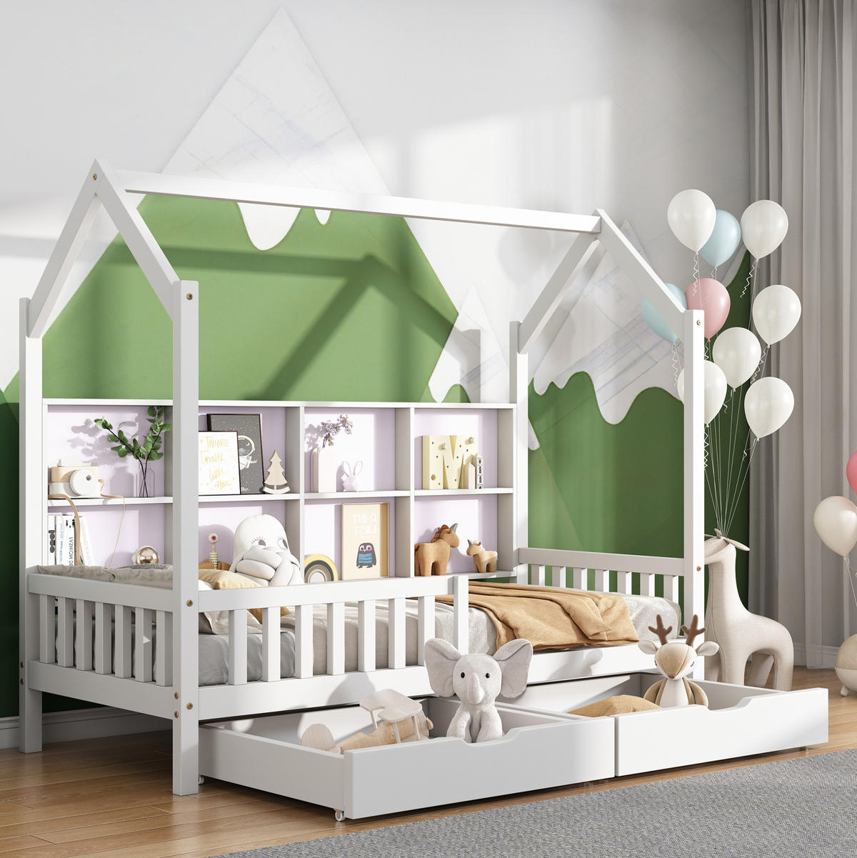 KINDERBETT Hausbett 90/200 cm aus Kiefer massiv mit Bücherregal, 2 Schubladen und Rausfallschutz, Weiß - Weiß, Holz (90/200cm) - Redom