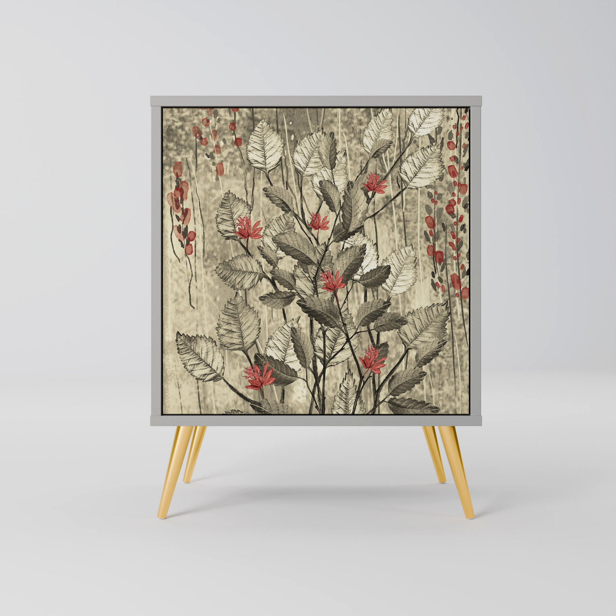SIDEBOARD HERBAL GRACE, Grau, 57,5x42x75,5 cm, Goldfarbene Metallfüße - Goldfarben/Multicolor, Holzwerkstoff/Metall (57.5/75.5/42cm) - SpaceRebels