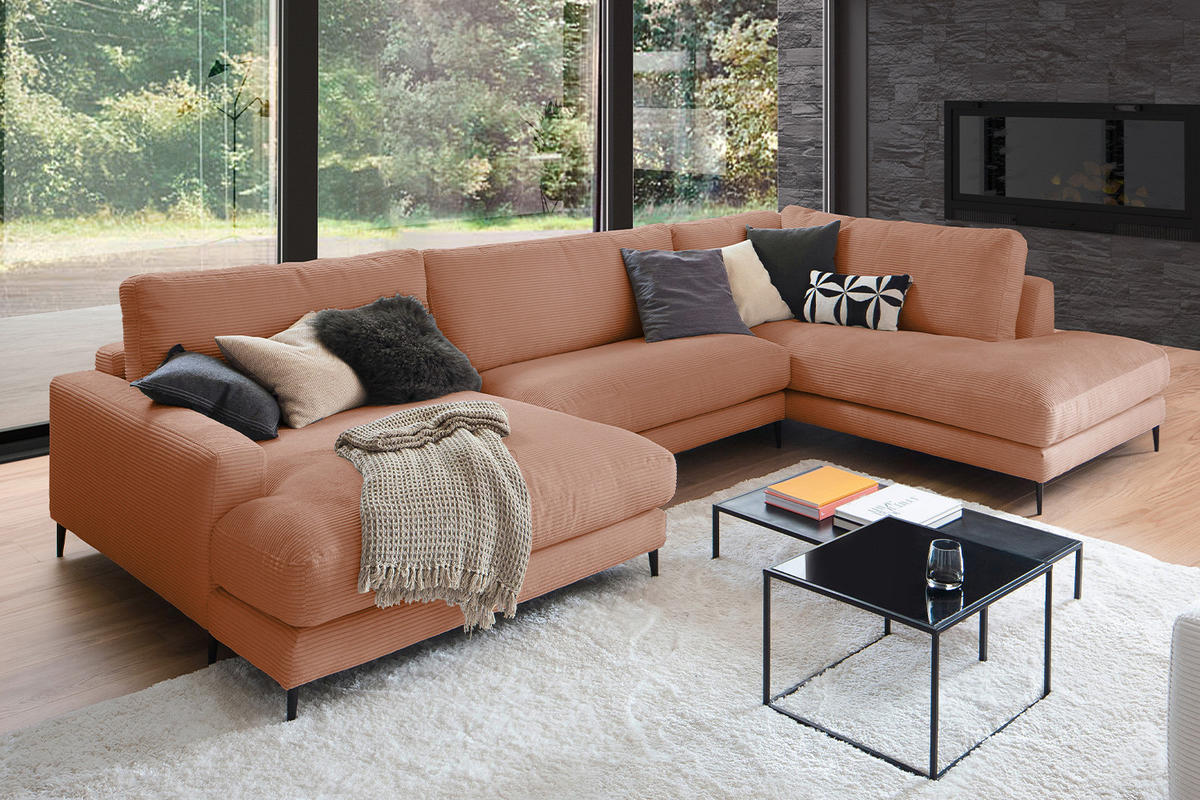WOHNLANDSCHAFT CARA Braun Cord - Dunkelbraun/Schwarz, Textil (341/84/223cm) - KAWOLA