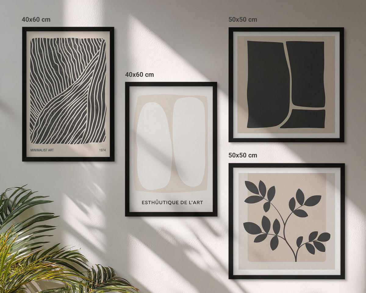 BILDER SET 4er Set - 50x50 cm & 40x60 cm Schwarzer Rahmen - Minimalistische Pflanzenmuster - Schwarz, Kunststoff (50/50cm) - TULUP