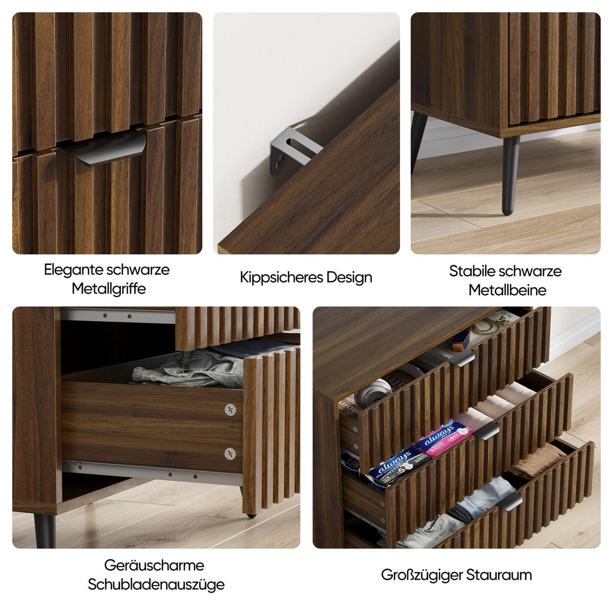 SIDEBOARD 80 cm Walnuss – Sideboard mit 3 Schubladen & Metallbeinen Modern - Walnussfarben/Schwarz, Holzwerkstoff (80/78/38cm) - Urban Meuble