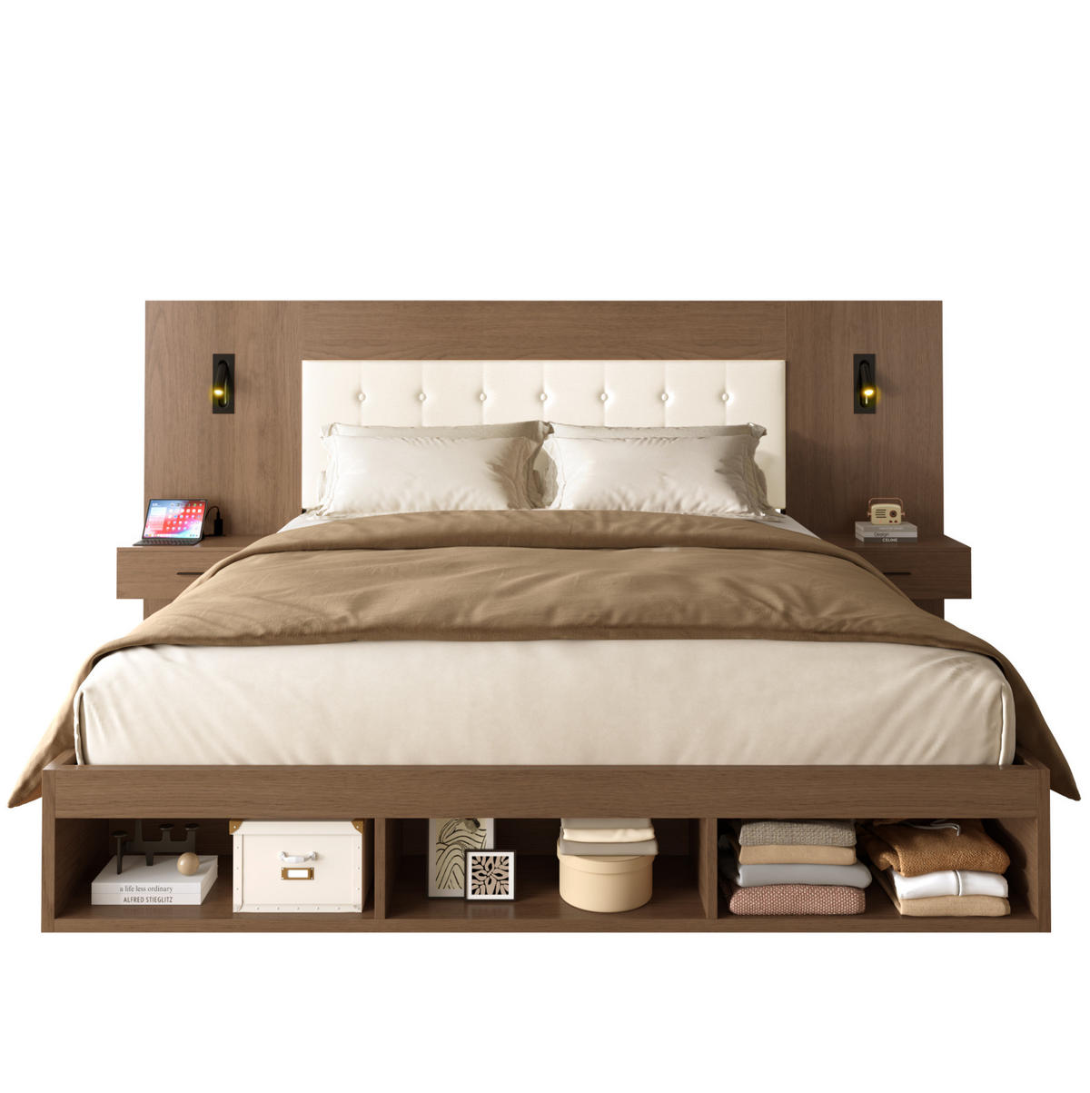 POLSTERBETT 180/200 cm mit 2 Nachttischen, USB/Type-C und Leselampen - Nussbaumfarben, Holzwerkstoff (180/200cm) - BEAOK