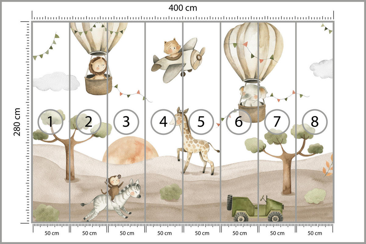 FOTOTAPETE für Kinderzimmer Tiere Ballons Flugzeuge Safari Bäume Hügel 400x280 - Beige/Braun, Papier (400/280cm) - Muralo