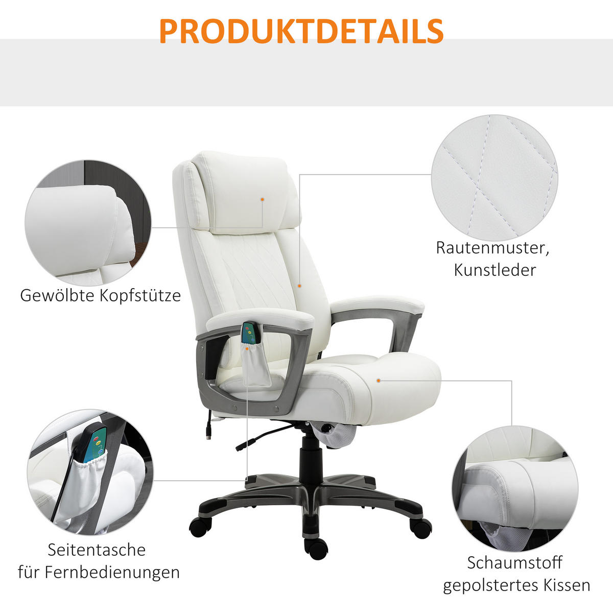 MASSAGE-BÜROSTUHL, Armlehne, Weiß - Weiß, Leder (76.5/124/70cm) - Vinsetto