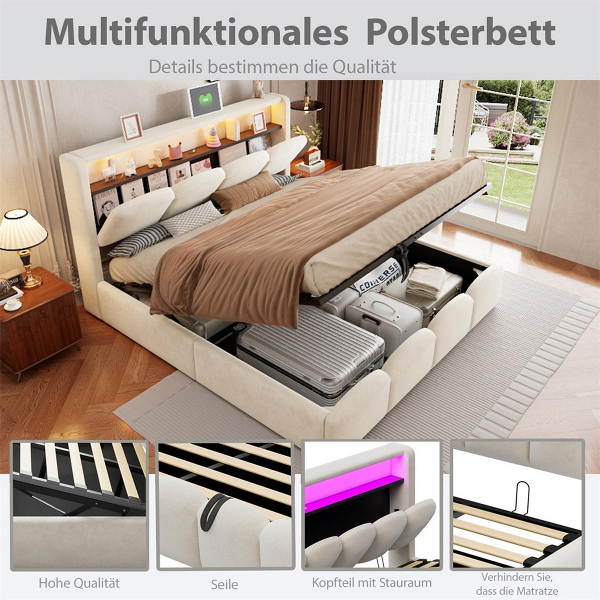POLSTERBETT 140x200 cm mit KopfteilStauraum & hydraulischem Stauraum - USB und Type-C & LED - Beige - Beige, Textil (140/200cm) - DELFA