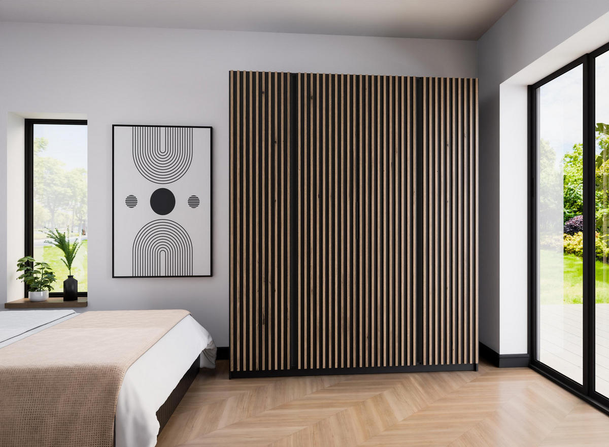 KLEIDERSCHRANK Nehir Korpus Schwarz, Front Schwarz/Eiche Evoke 200 cm - 4T Modern mit 4 Lamellentüren - Schwarz, Holzwerkstoff/Kunststoff (200/239/61.9cm) - AX Living
