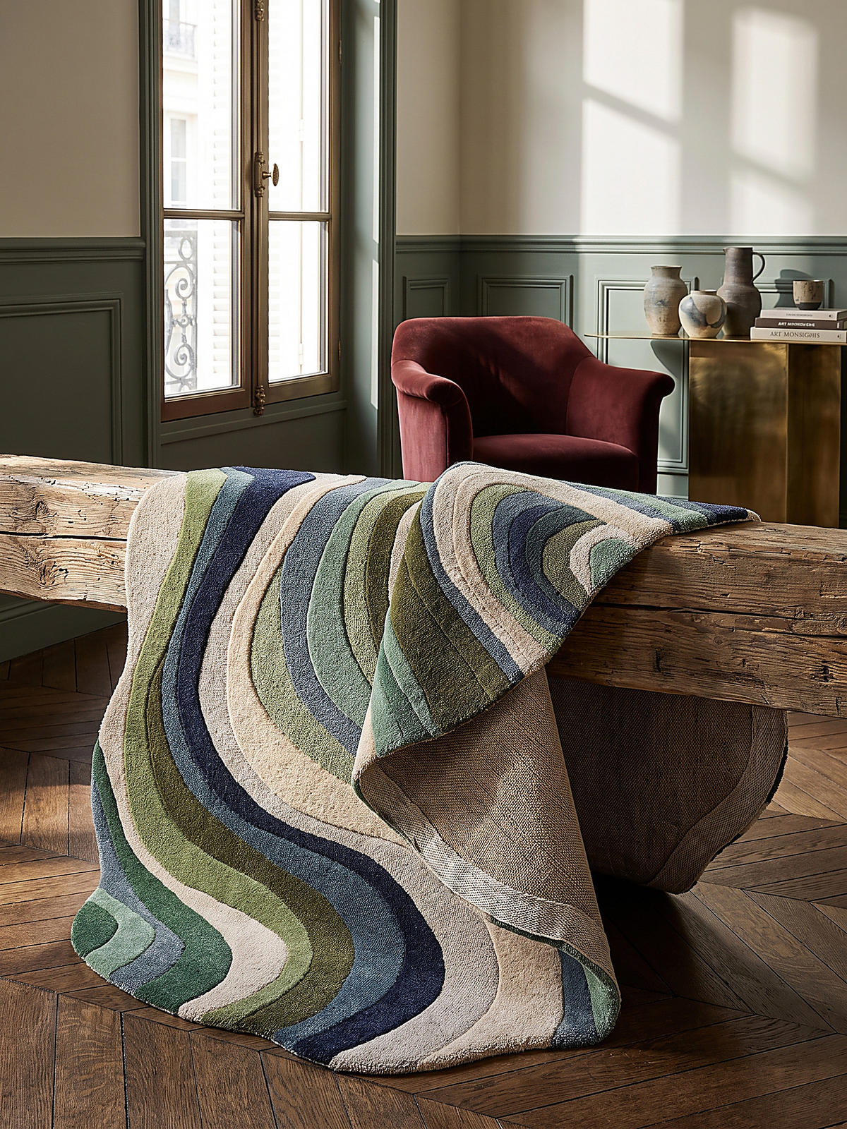 TEPPICH aus Wolle, handgetuftet, EFFRA, in Erdtöne-Grün, Wellen-Swirl, 200 x 290 cm - Grün, Textil (200/290cm) - KADIMA DESIGN