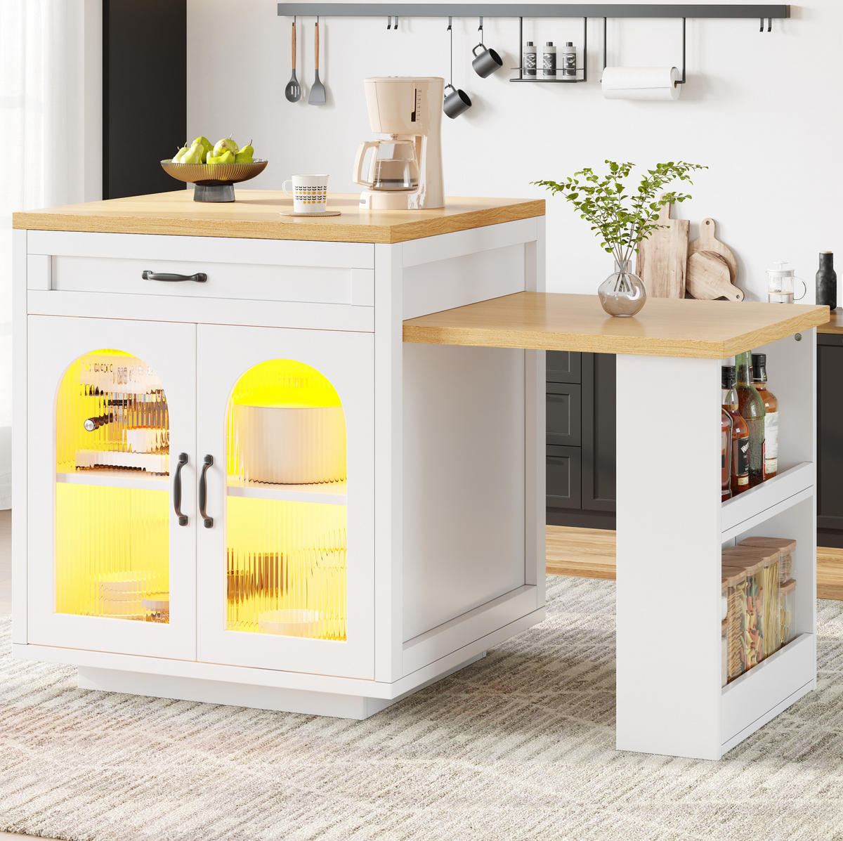 BUFFET aus MDF 126-196x59x94 cm Weiß mit RGB-LED, ausziehbarer Tischplatte und geriffelten Glastüren - Weiß, Holzwerkstoff (196/94/59cm) - Modfu