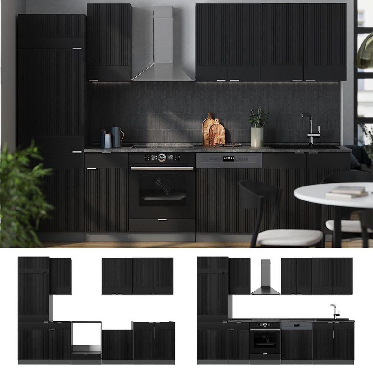 KÜCHENZEILE Fame-Line Schwarz gestreift/Anthrazit 300 cm , AP Anthrazit - Anthrazit/Schwarz, Holzwerkstoff (300/206.8/60cm) - Vicco