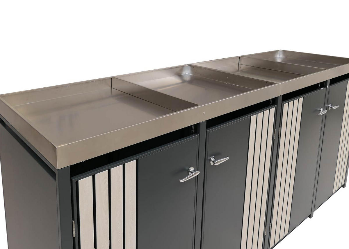 MÜLLTONNENBOX 4er mit Pflanzkasten HxBxT 125x260x84cm Anthrazit Holzoptik hell - Anthrazit, Metall (260/125/84cm) - PROREGAL