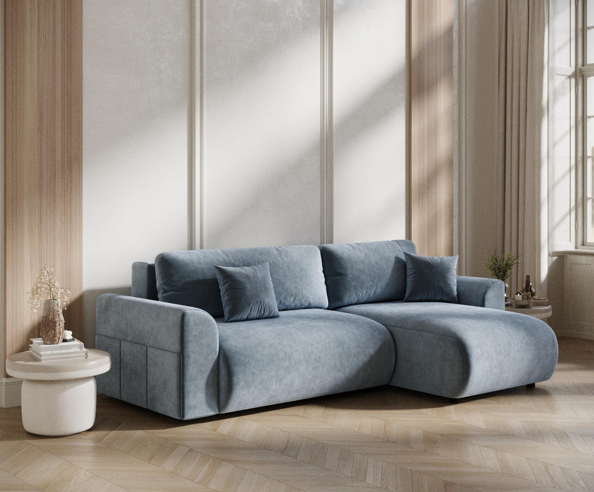 ECKSOFA MIT SCHLAFFUNKTION Bodega Blau Grau Samtstoff - Blaugrau/Schwarz, Holz/Holzwerkstoff (235/138cm) - Maison de Reve