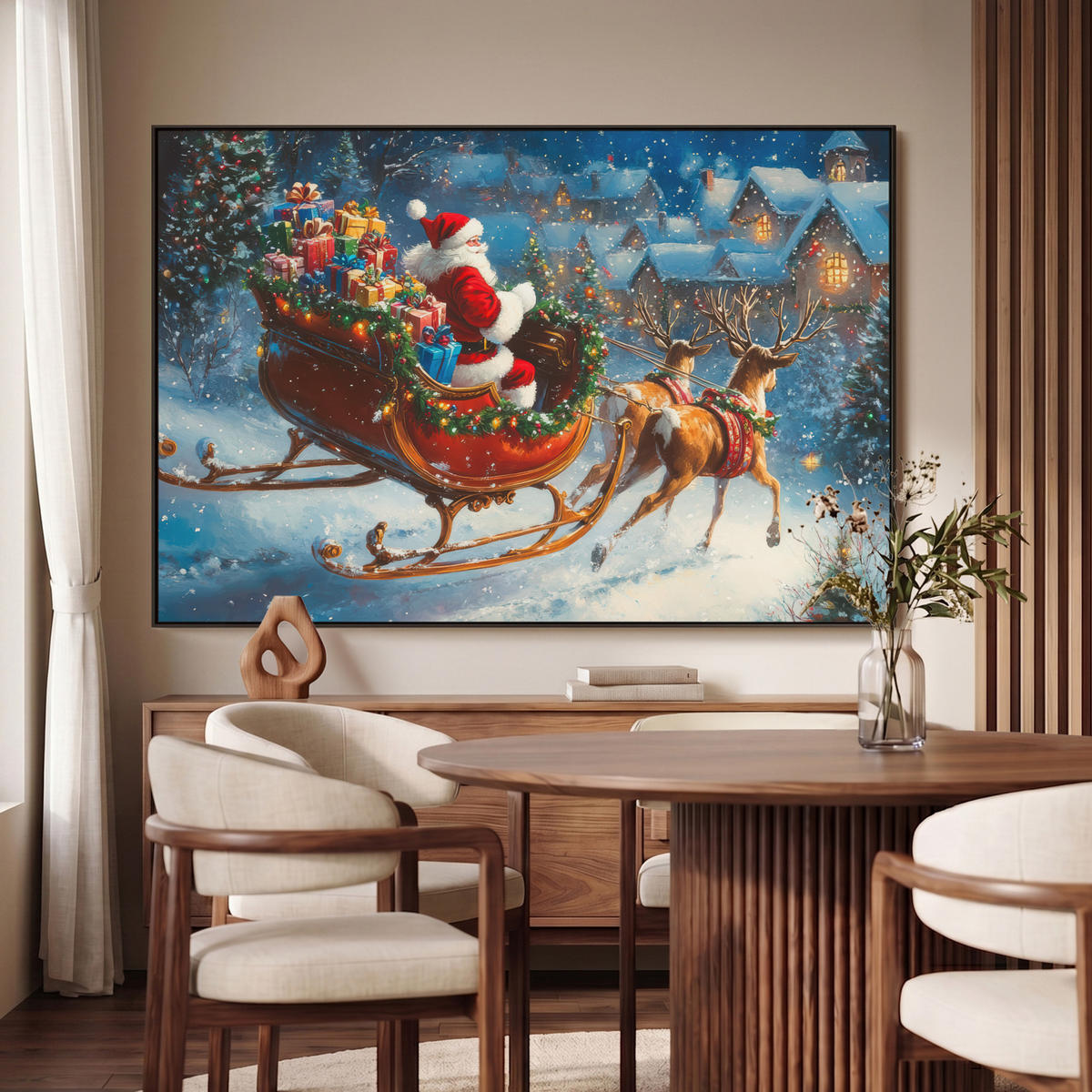LEINWAND Bilder mit Rahmen - Weihnachtsmann - Rentier - Weihnachten - Schnee - 150x100 - Cognac, Textil (150/100cm) - MuchoWow