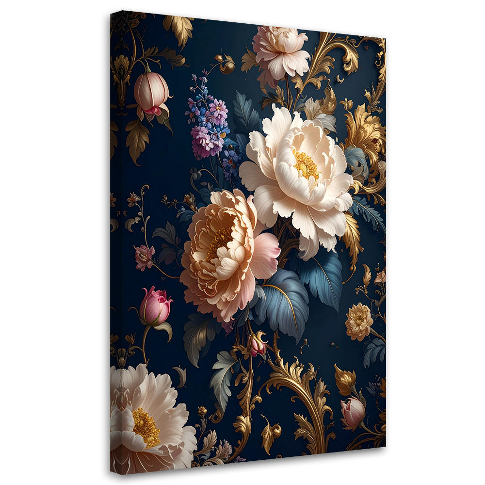BILD auf Leinwand, Ein eleganter Strauß weißer Rosen mit Blüten auf marineblauem Hintergrund - Blau, Textil (40/60cm) - Feeby