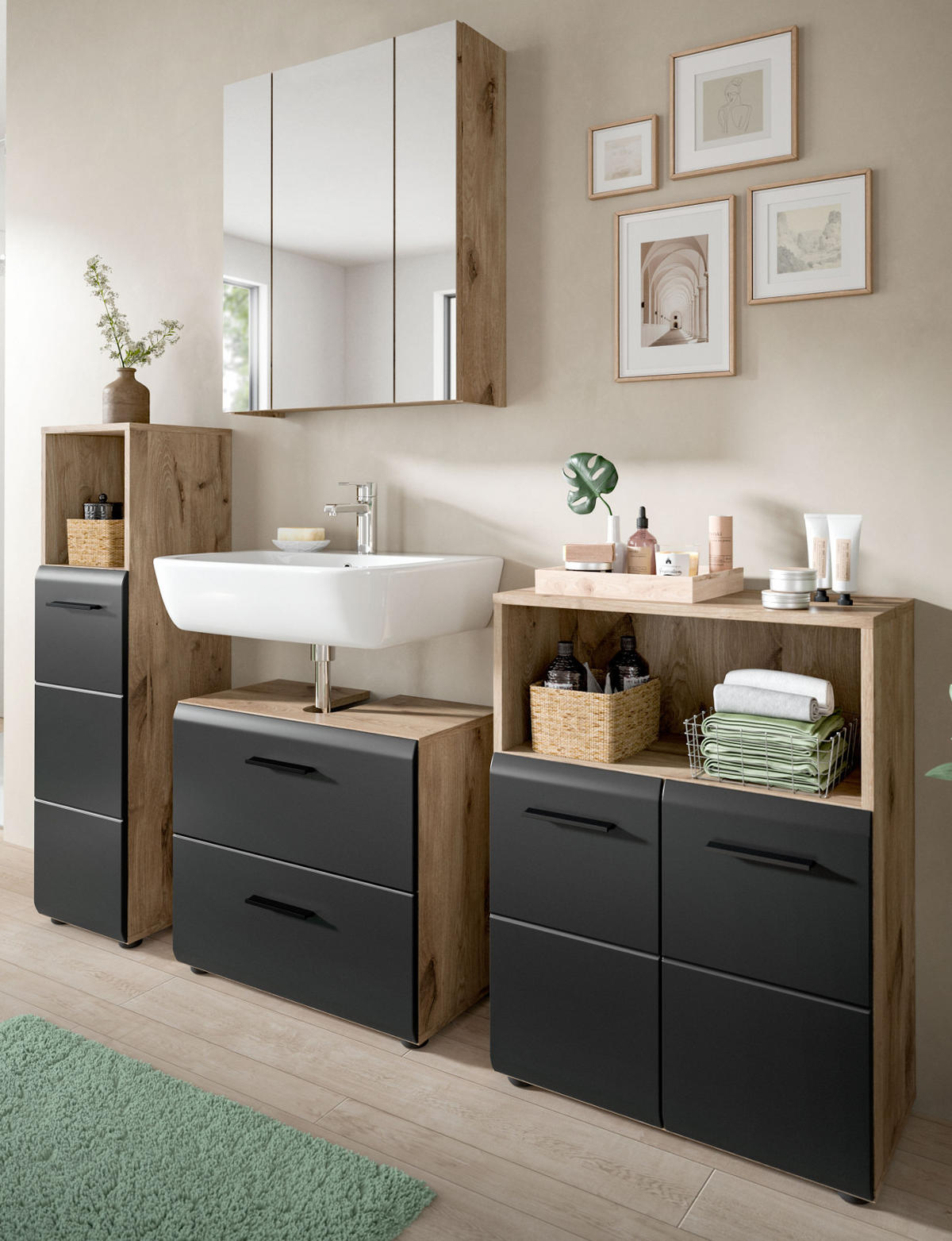 BADMÖBEL-SET 4-teilig in schwarz matt und Eiche Badezimmer mit viel Stauraum, 180 x 185 cm - Eichefarben/Schwarz, Glas/Holzwerkstoff (180/185/30cm) - Inn.Furn