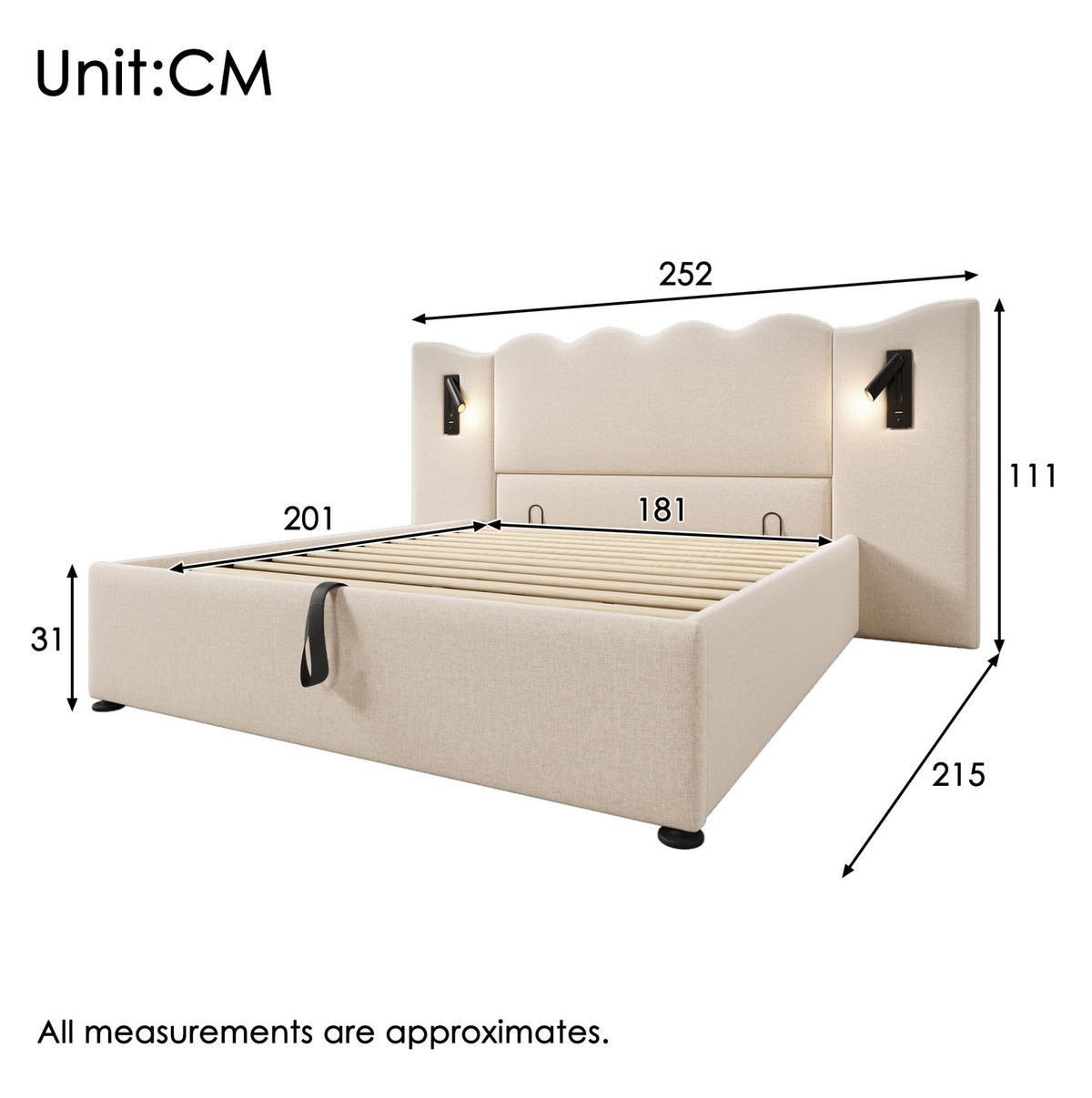 POLSTERBETT 180/200 cm mit Leselampe, USB- und Type-C-Anschluss, hydraulischem Stauraum und Wellenkopfteil, Beige - Beige, Textil (180/200cm) - Redom