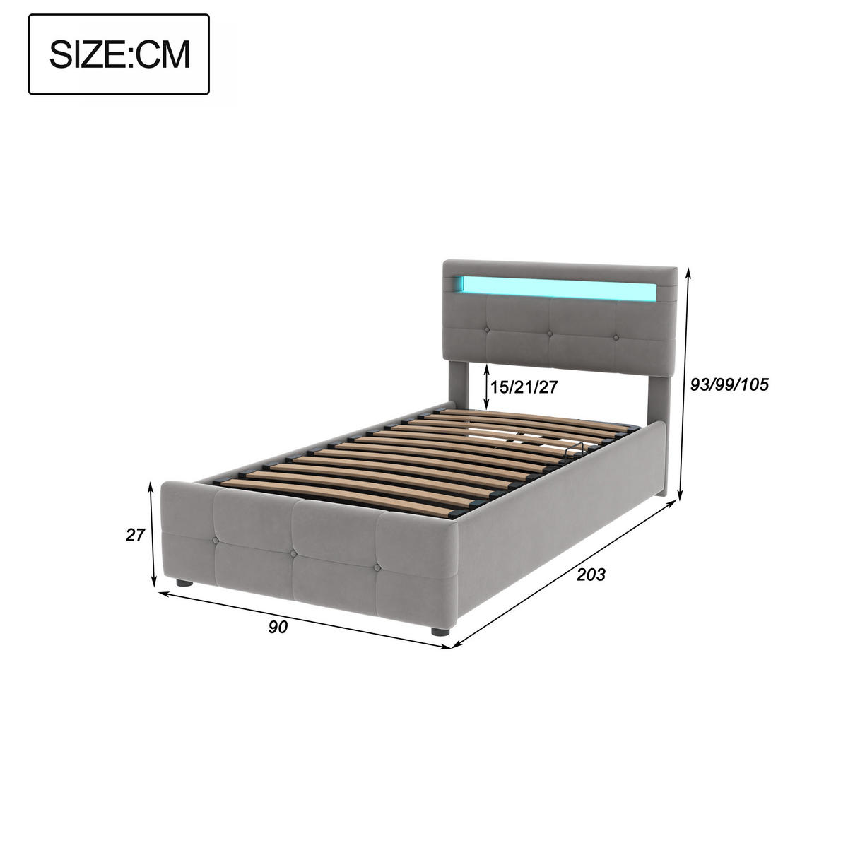 POLSTERBETT aus Samtstoff 90x200 cm in Grau mit LED-Beleuchtung & Stauraum - Grau, Textil (90/200cm) - Modfu