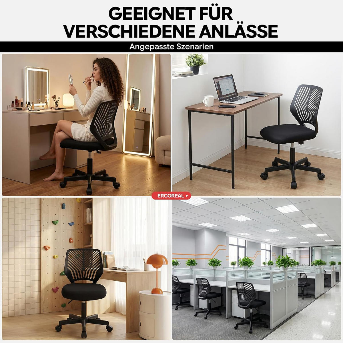 BÜROSTUHL Ergonomischer ohne Armlehne, mit Rollen & Höhenverstellung - Schwarz, Metall (55/79/55cm)