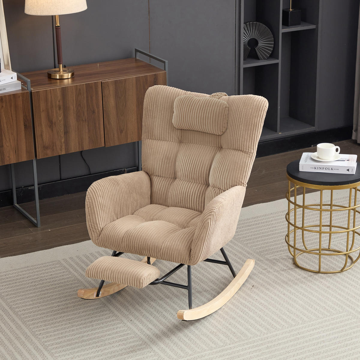 SCHAUKELSTUHL gepolstert hoher Rücken Stoff Braun Sessel - Braun, Textil (102/92/65cm) - FLIEKS