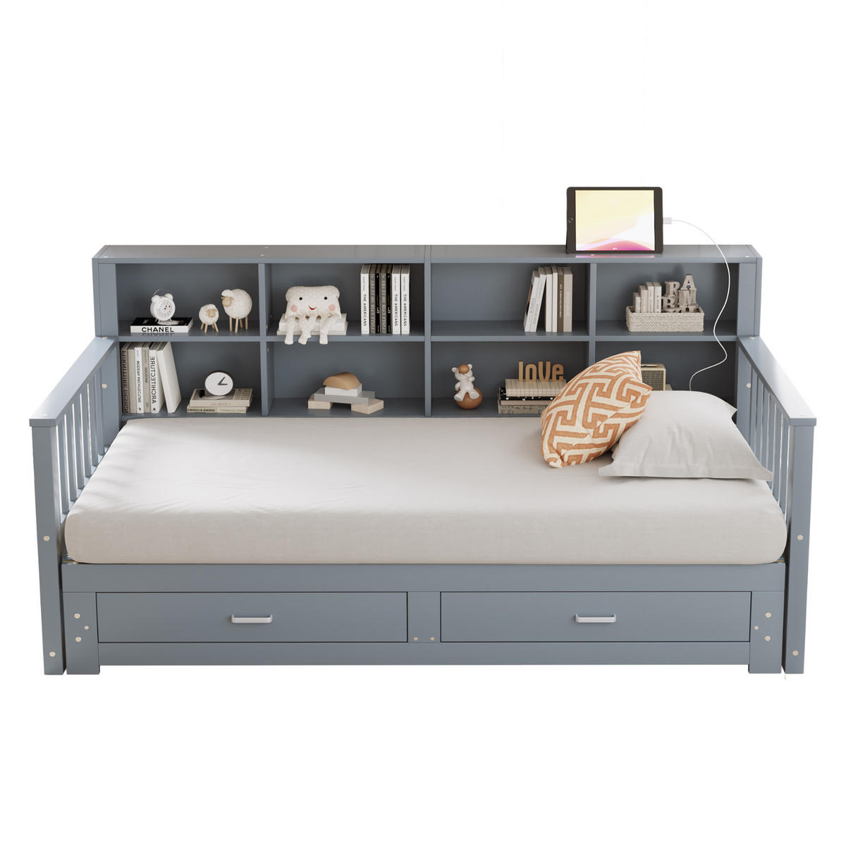 BETT 90/190 cm aus Massivholz in Grau – ausziehbar auf 180/190 cm, inkl. Lattenrost - Grau, Holzwerkstoff (90/190cm) - BEAOK