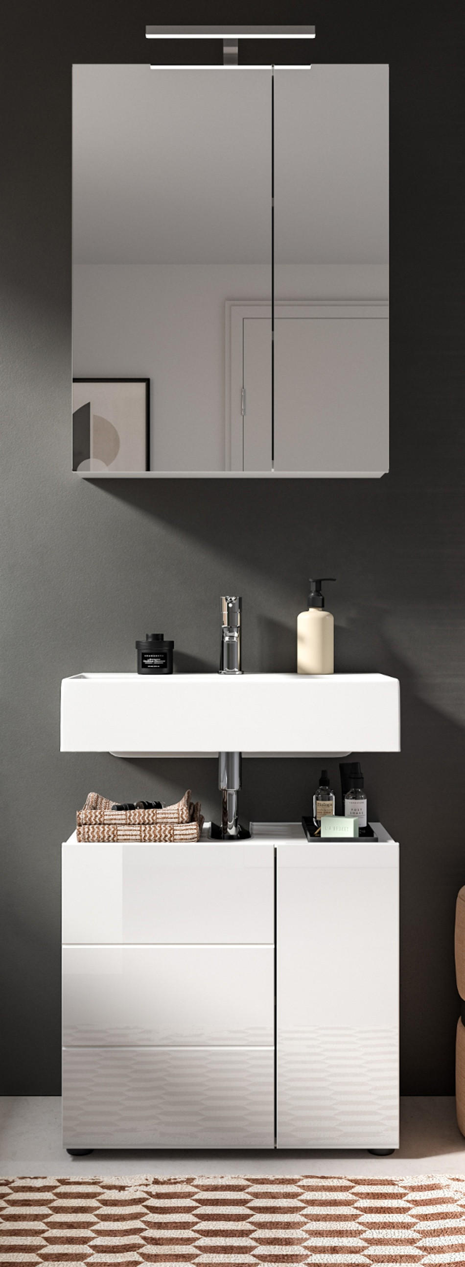 BADMÖBEL-SET 2-teilig weiß Hochglanz, Badkombination 60 x 190 cm - Weiß Hochglanz, Glas/Holzwerkstoff (60/190/34cm) - Inn.Furn