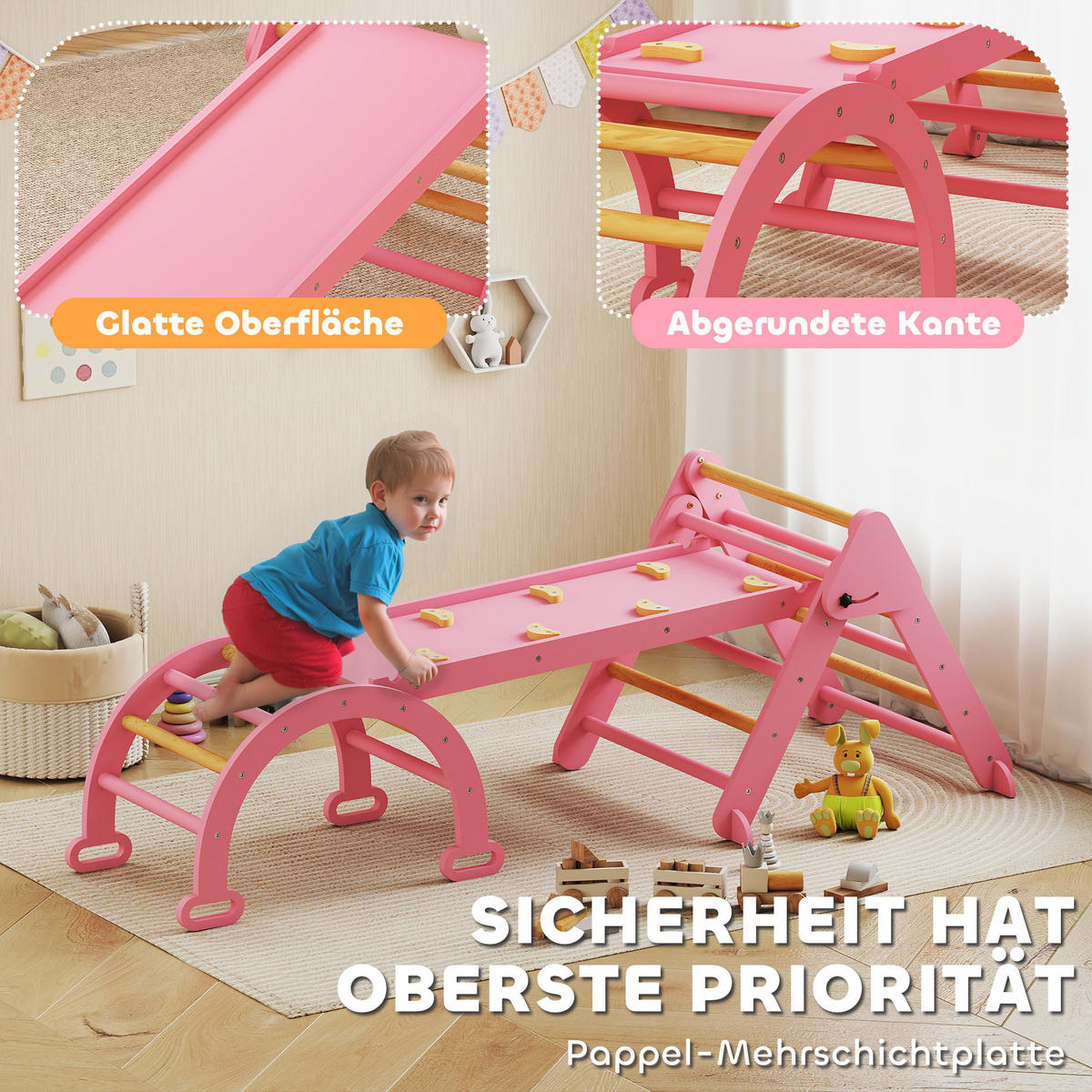 KLETTERGERÜST 7-in-1 DE-09885 Natur - Pink, Holz (70/59/188cm) - ComfortXL