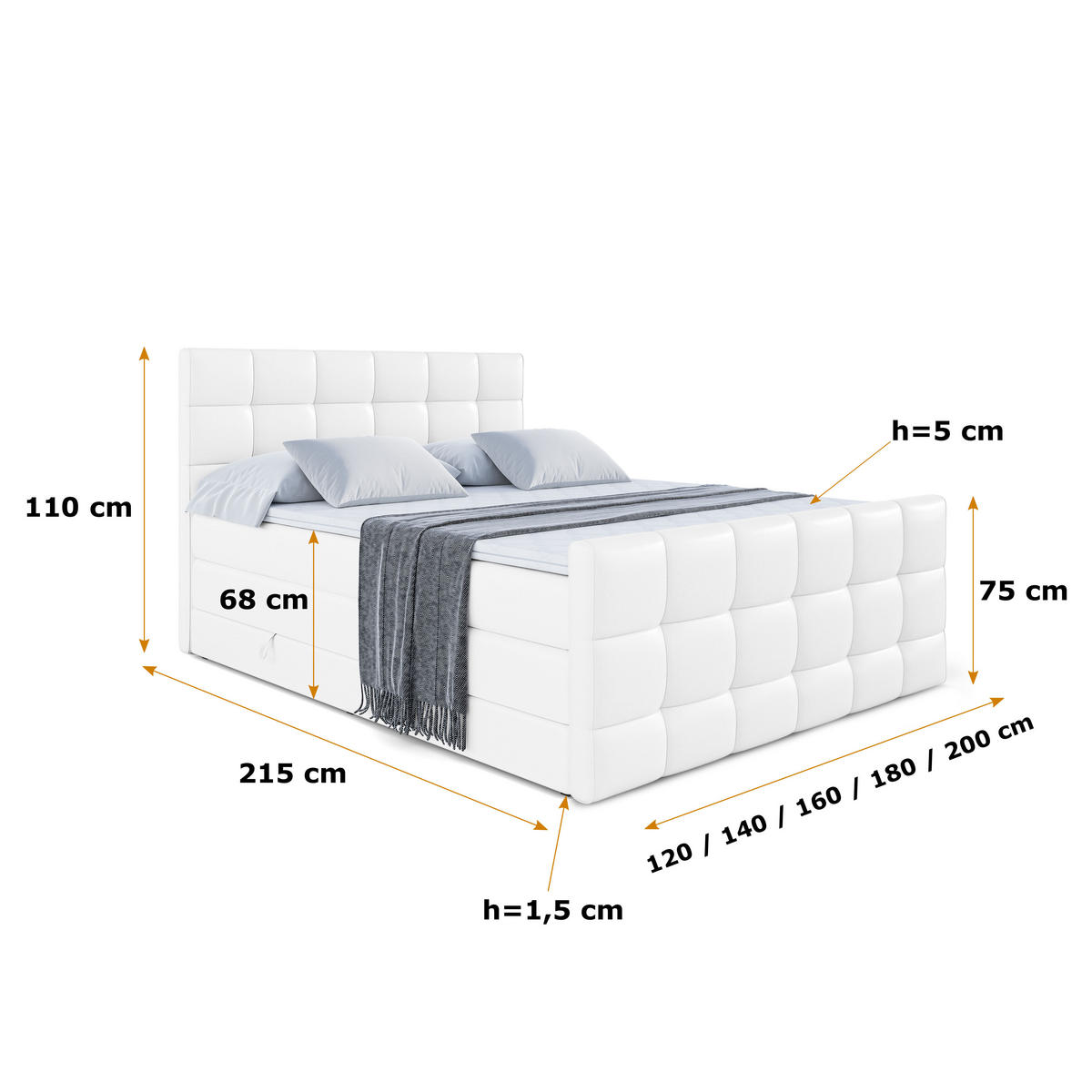 BOXSPRINGBETT APO-Z KING - 180 x 200 - H3/H4 - Weiß Hochglanz - Weiß, Holzwerkstoff (180/200cm) - ALTDECOR
