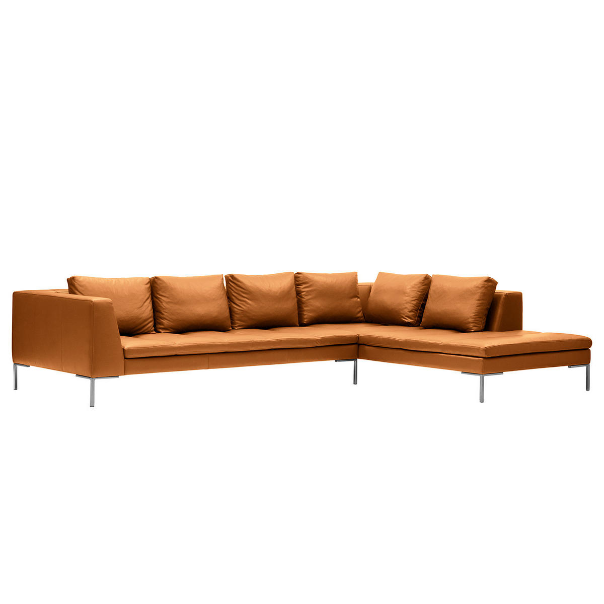 ECKSOFA mit Ottomane - Chromfarben/Cognac, Leder/Metall (319/230cm) - home24