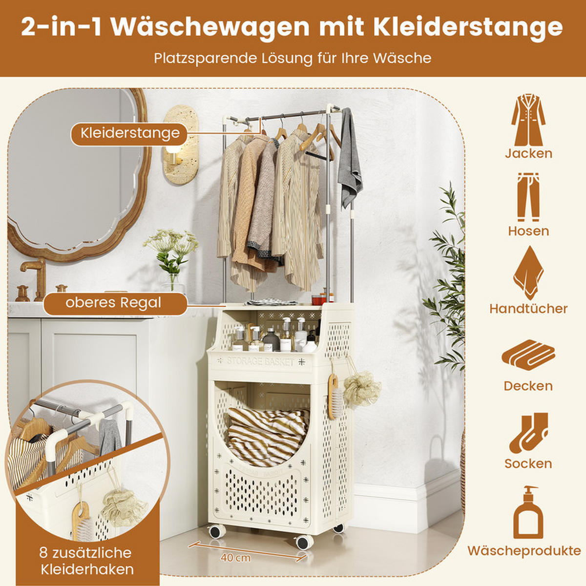 WÄSCHEKORBWAGEN mit Kleiderstange beige - Beige, Kunststoff (40/136/30cm) - COSTWAY