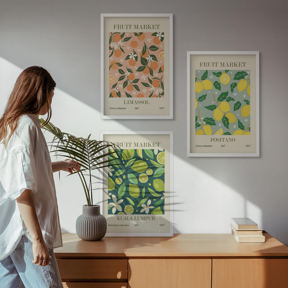 BILDER SET 3er Set - 40x60 cm Weißer Rahmen - Fruchtige Zitrusblütenmuster - Weiß, Kunststoff (40/60cm) - TULUP