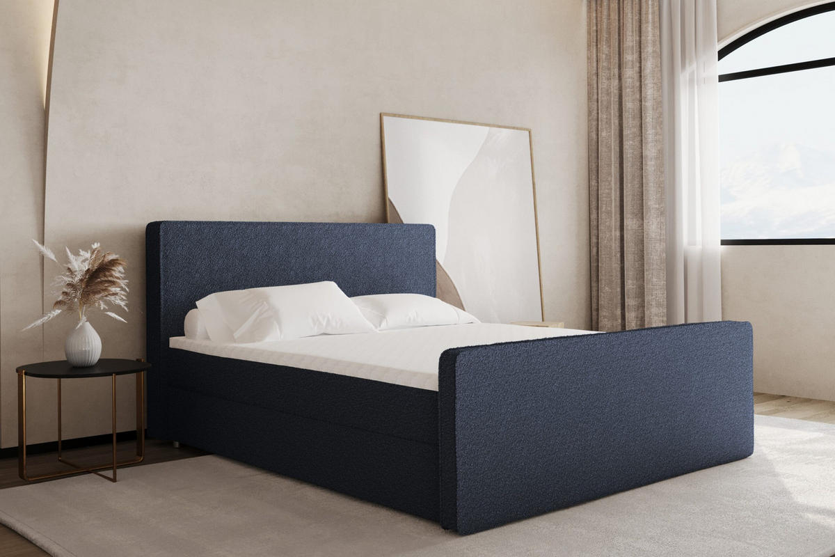 BOXBETT mit Bettkasten Matratze Topper LAGUNE Stoff Loop Blau 140x200 cm H2-Pocket - Blau, Holz/Holzwerkstoff (140/200cm) - Kaiser Möbel