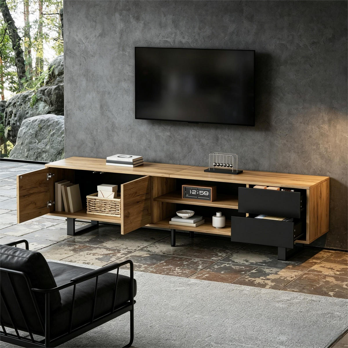 TV-ELEMENT180X40X50CM Holzoptik Lowboard mit Metallbeinen für 75-Zoll - Schwarz, Holz (51/18.49/57.99cm) - Raelunyi
