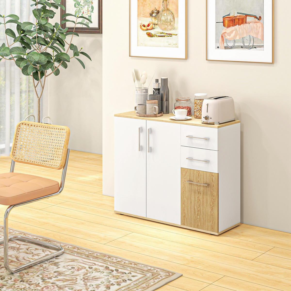 SIDEBOARD Weiß und Naturfarben 90/30/75,5 cm - Weiß, Holzwerkstoff (90/75.5/30cm) - PANGIVO
