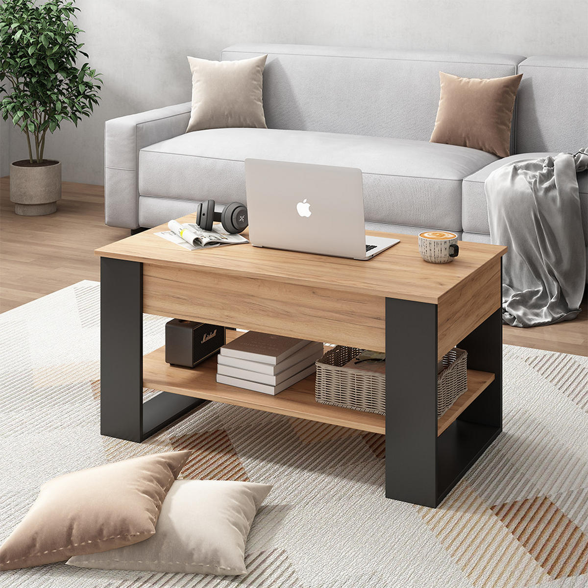 COUCHTISCH Lifto Eiche/Anthrazit 92 x 51 cm mit Liftfunktion - Anthrazit/Grau, Holzwerkstoff (51/92/47cm) - Vicco