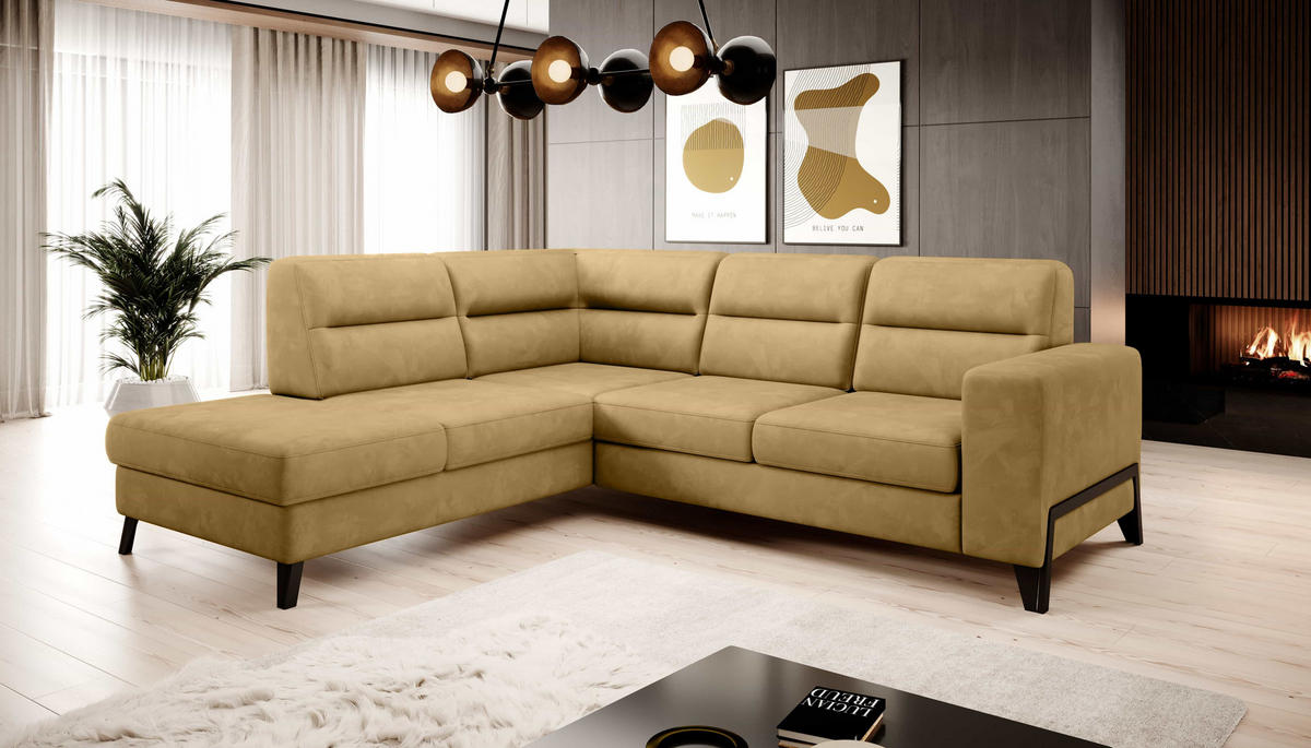 ECKSOFA mit Schlaffunktion & Bettkasten, luxus Nube-Stoff - Gelb/Schwarz, Textil/Metall (277/237cm) - Eltap