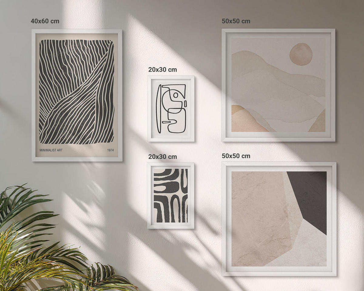 BILDER SET 5er Set - 50x50 cm & 20x30 cm & 40x60 cm Weißer Rahmen - Abstrakte Muster mit Linien - Weiß, Kunststoff (40/60cm) - TULUP