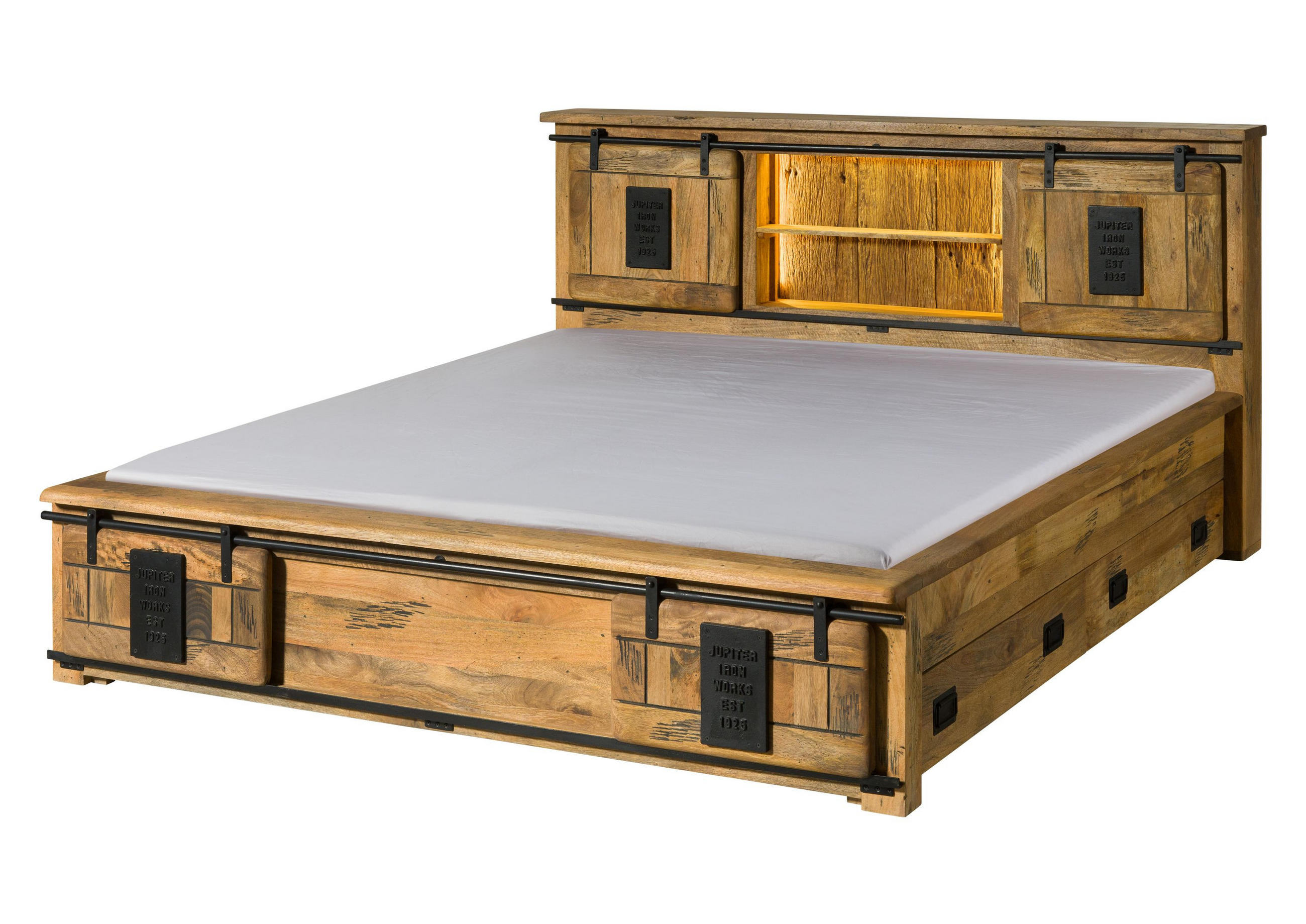 HOLZBETT mit Schublade Mango / Altholz 200x200 natur lackiert RAILWAY LUX #110 - Braun, Holz (200/200cm) - Massivmoebel24