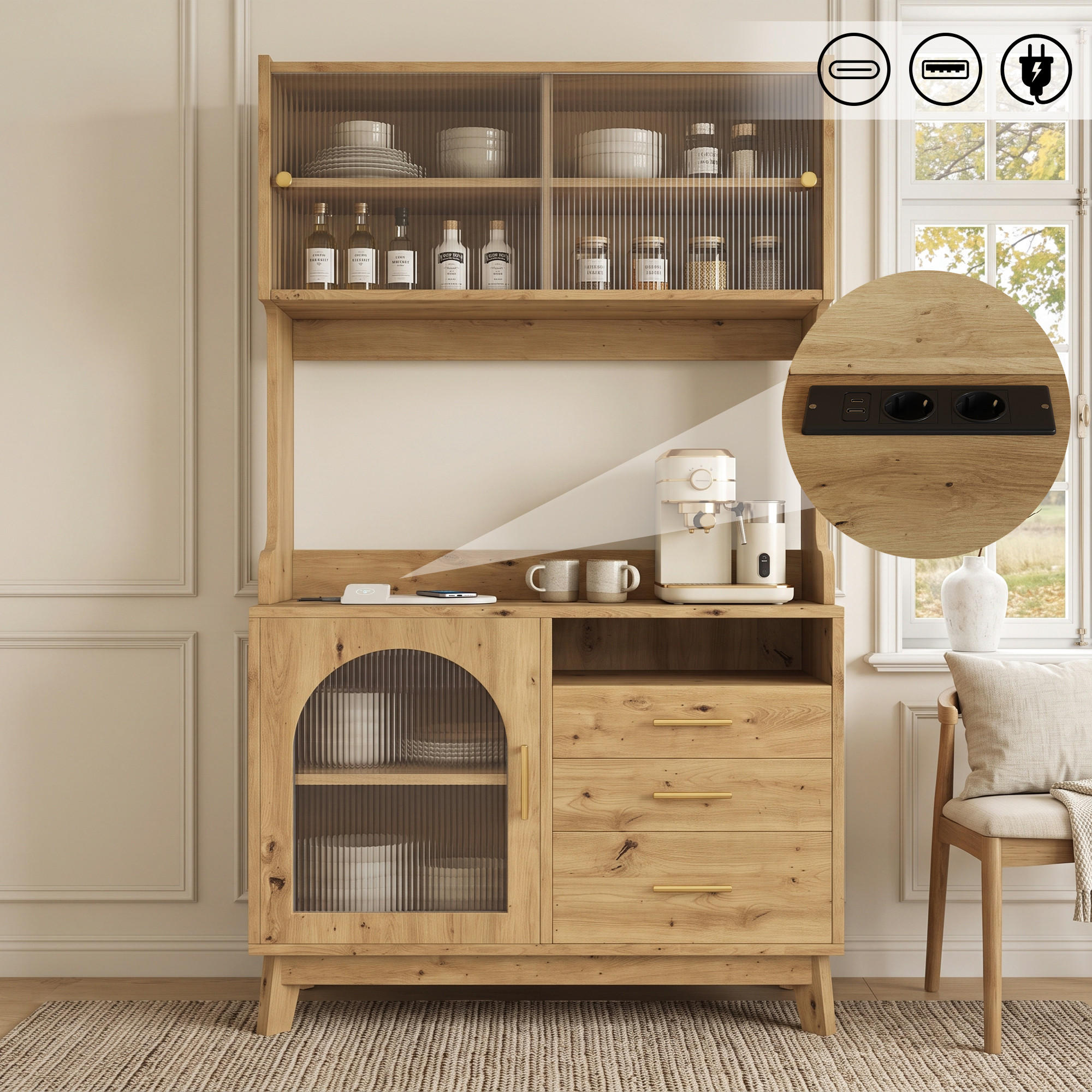 BUFFETSCHRANK 100,5x40x178 cm, 2 Steckdosen, USB-A/USB-C-Anschlüsse, Holzfarbe - Naturfarben, Holzwerkstoff (100.5/178/40cm) - FOHERE