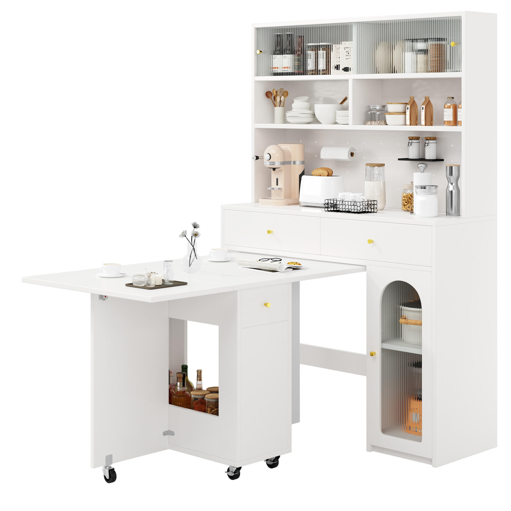 OKWISH KUCHYŇSKÁ skříň 120/45/180 cm bílá z MDF s klopným jídelním stolem a úložným prostorem