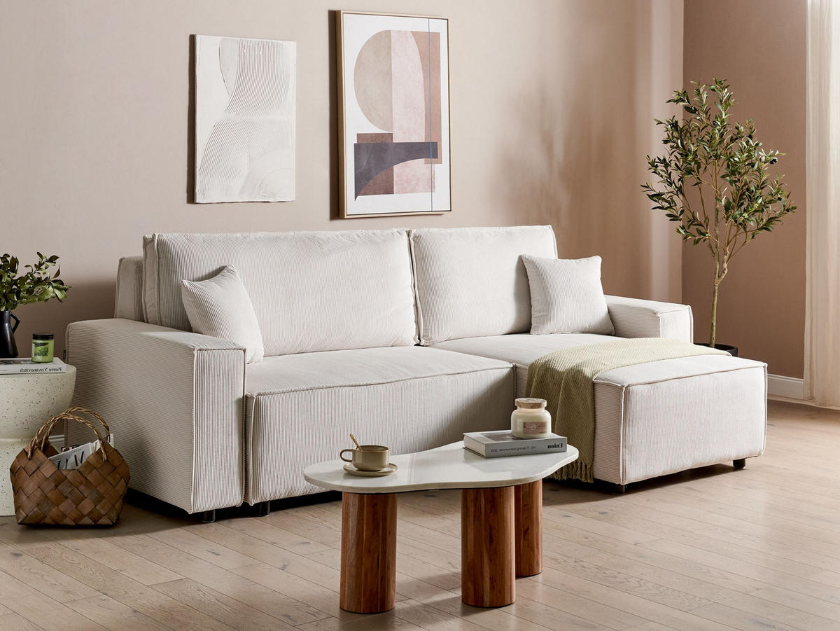 2-SITZER-ECKSOFA Cord cremeweiß rechtsseitig mit Schlaffunktion Abacka - Schwarz/Weiß, Textil (247/147cm) - Beliani