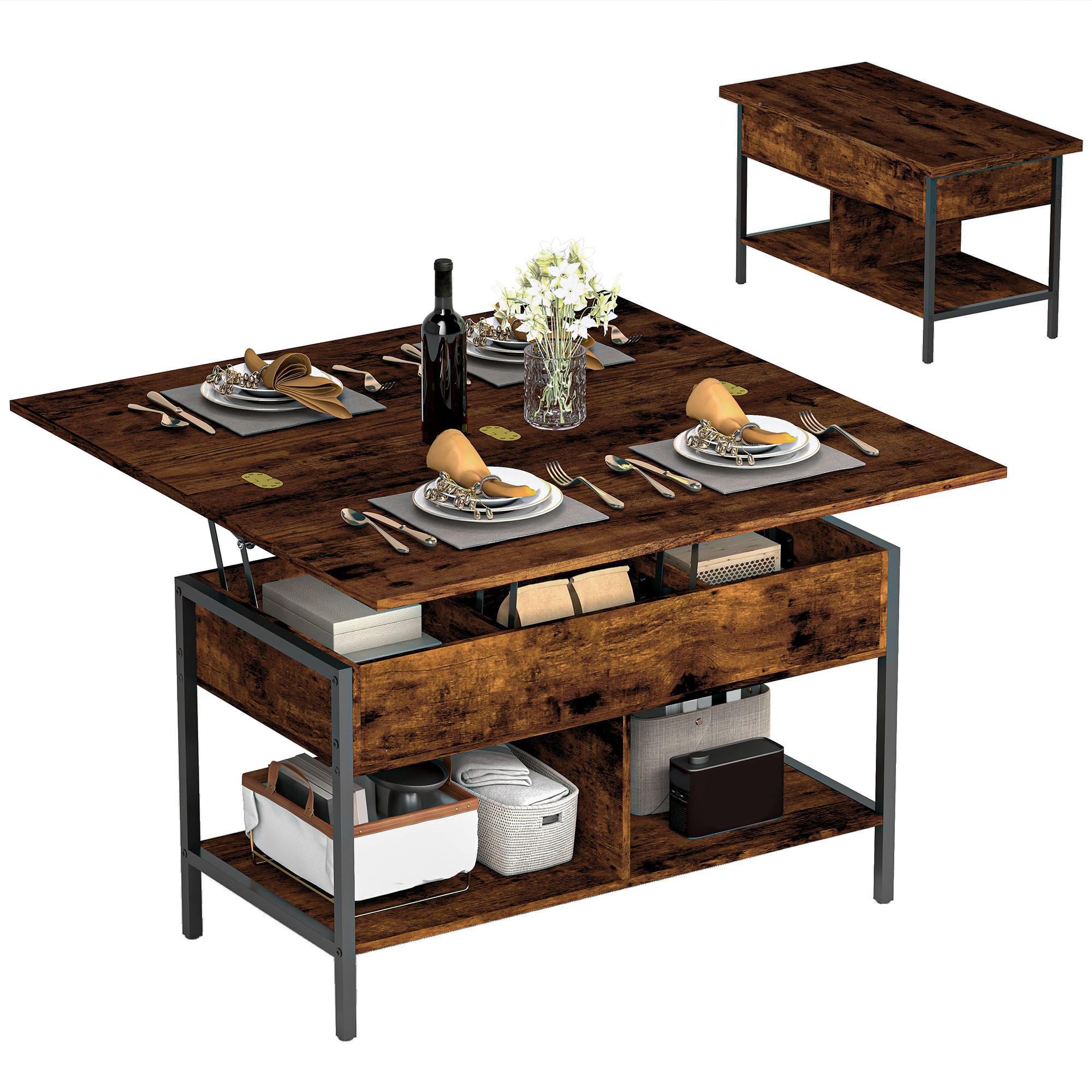 COUCHTISCH DE-15810 2 klappbare Platten Braun - Braun, Holzwerkstoff (98/49/55cm) - ComfortXL