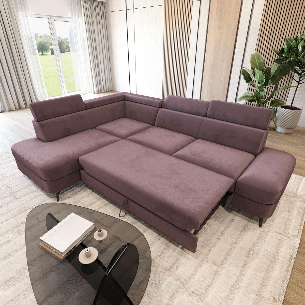 ECKSOFA AVISE M L-S Lila Velours-Stoff mit Schlaffunktion - Lila, Holzwerkstoff/Textil (268/195cm) - MASSENO