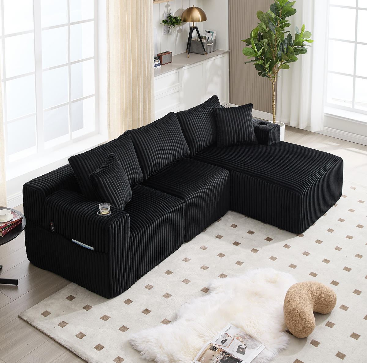 MODULARES Sofa-Set Cord mit Chaiselongue und 2-Sitzer Taschen und Getränkehalter 257/90-160/62 cm Schwarz - Schwarz, Textil (160/257cm) - Redom