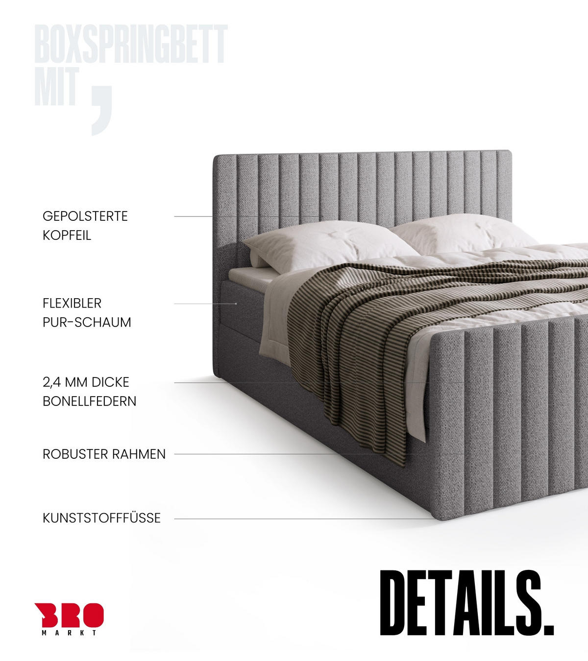 BOXSPRINGBETT Dream Duo mit Topper 140/200 Hellgrau - Hellgrau, Kunststoff (140/200cm) - Bromarkt