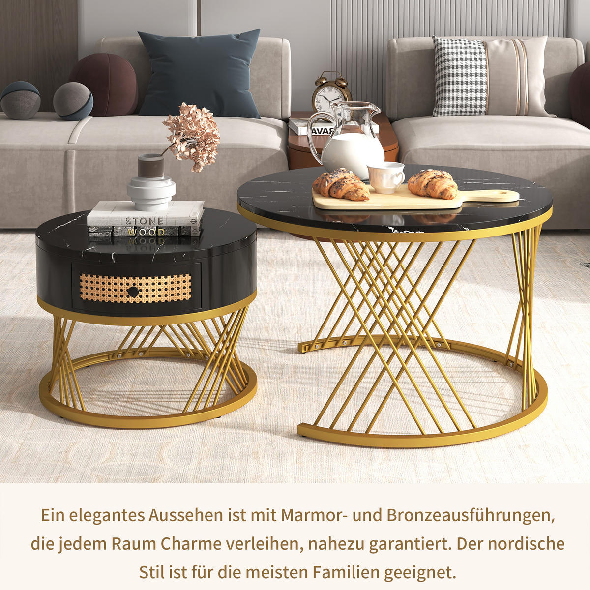 COUCHTISCH 2er Set Rattan Marmoroptik - Schwarz, Holz (70/70/45.5cm) - LEBENLANG