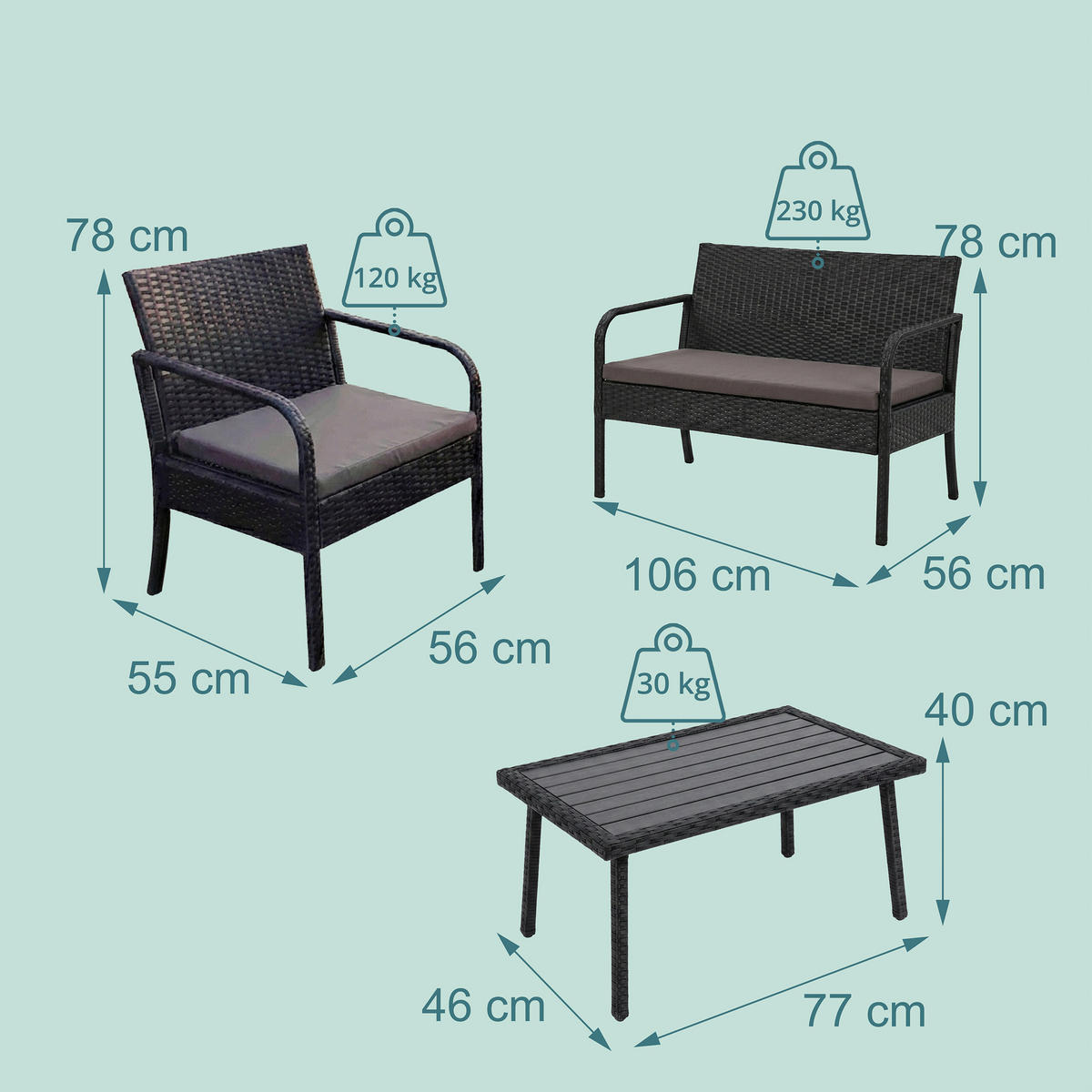 4DÍLNÝ zahradní set - černá, kov/textil - Relaxdays