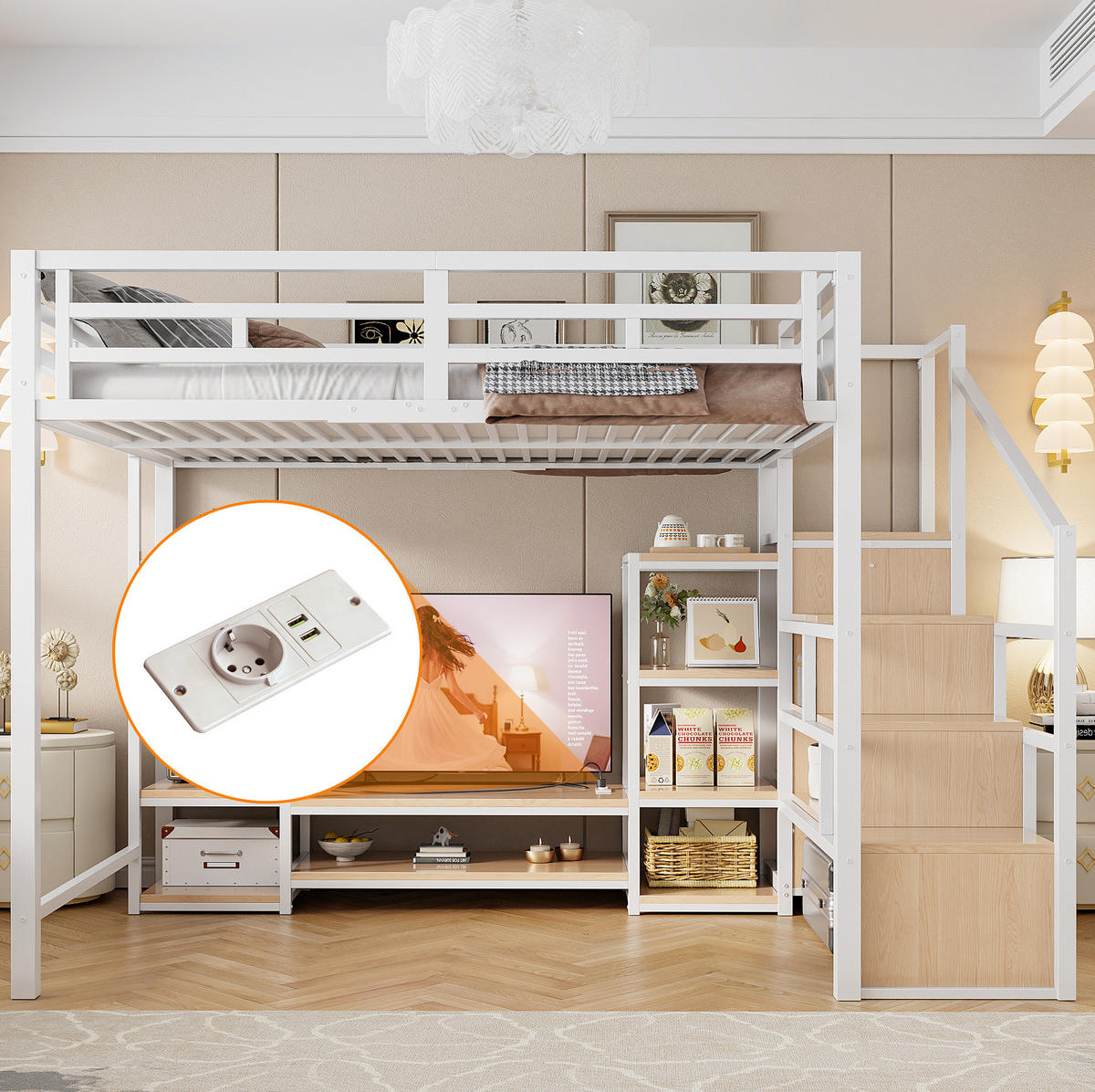 HOCHBETT 140/200 cm mit TV-Ständer, Steckdose und Aufbewahrungsleiter, Metall-MDF-Kombination, Weiß - Weiß, Holzwerkstoff (140/200cm) - Redom