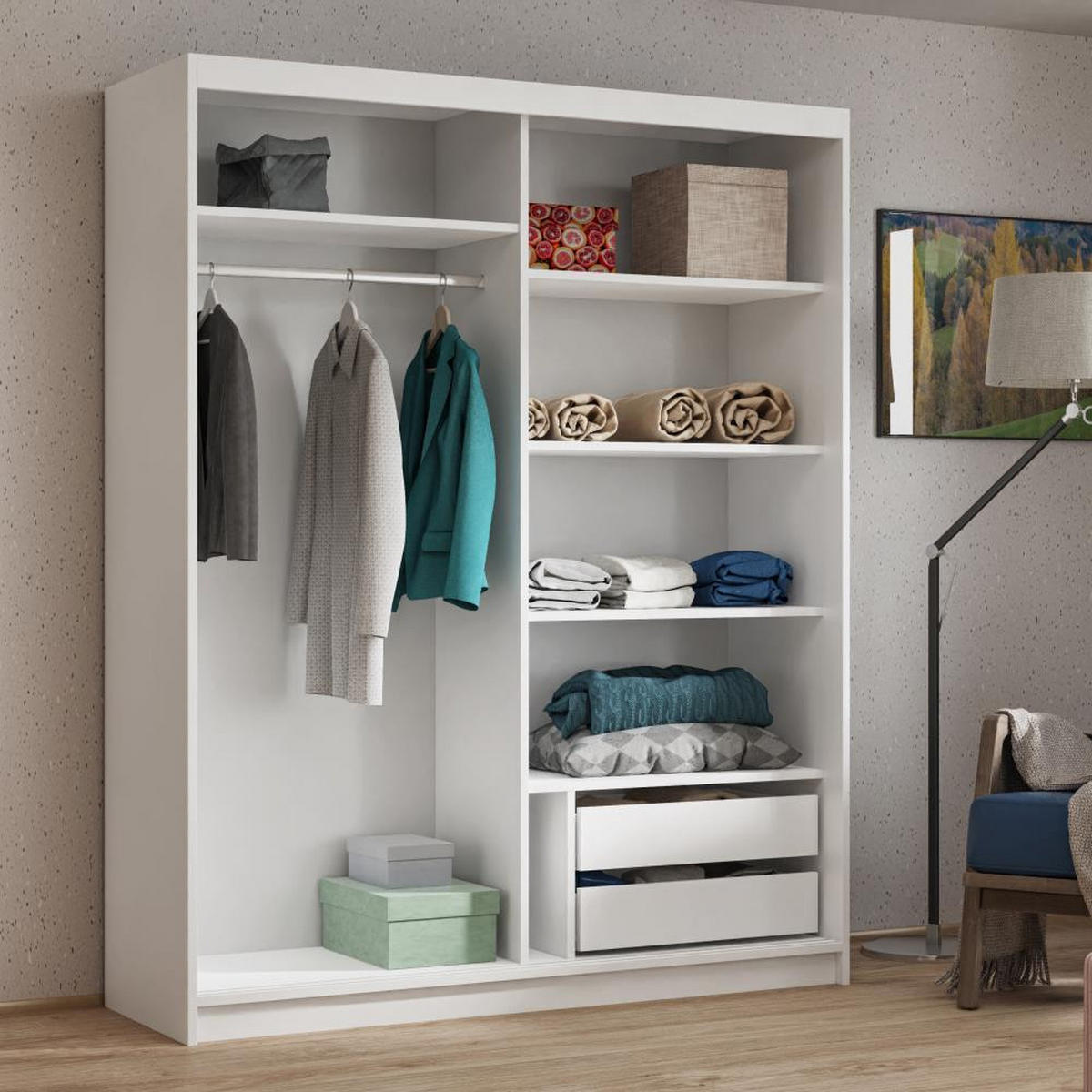 SCHWEBETÜRENSCHRANK Hela 120/205/60 2-türig weiß mit Schubladen - Weiß, Holzwerkstoff (120/205/60cm) - Beautysofa
